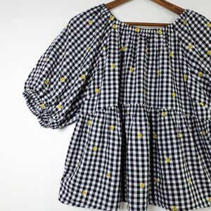 Gingham Babydoll Top w/ Embroidered Daisy Flowers Size XL, Puff Sleeve Coquette